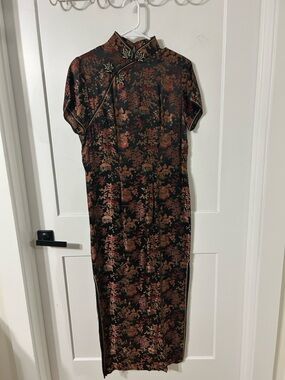 Black and Copper Floral Mandarin Collar Cheongsam Dress
